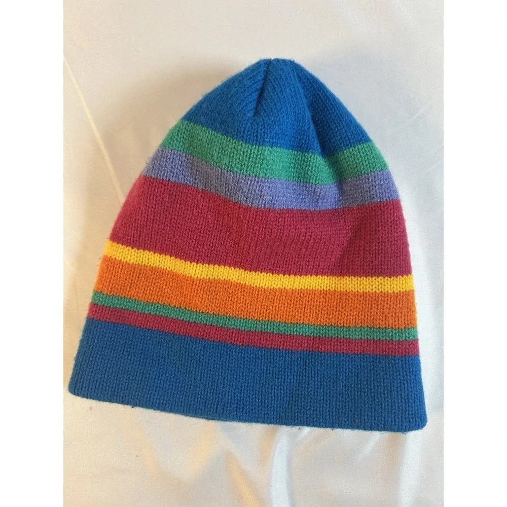 Vintage 80/90's Beanie Multicolor Striped Knit Youth Sz 7/14 Acrylic Wool Retro